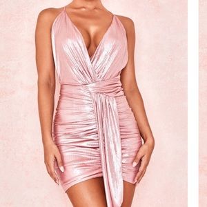 House of CB pink metallic wrap dress